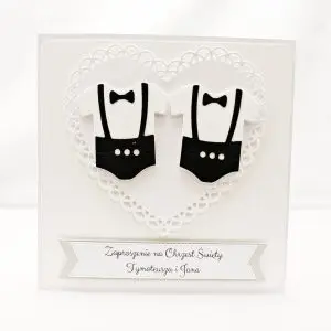 Zaproszenie na Chrzest Święty bliźniaków – dwóch chłopców z motywem dwóch spodenek, ręcznie robiona kartka