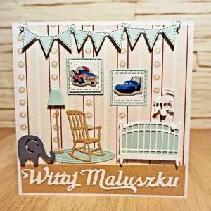 ręcznie robiona kartka Witaj Maluszku dla chłopca z inscenizacją pokoju dziecięcego, łóżeczkiem i dziecięcymi dekoracjami, gratulacyjna kartka z okazji narodzin syna