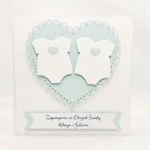 Zaproszenie na Chrzest Święty bliźniaków – dwóch chłopców z motywem dwóch bodziaków, elegancka kartka handmade