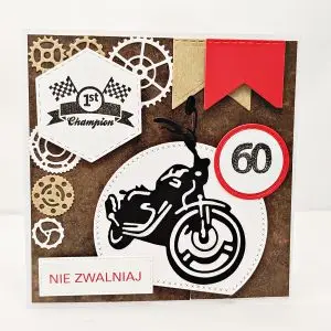 ręcznie wykonana kartka na 60 urodziny z motywem motocykla i zębatek, idealna dla mężczyzny lub motocyklisty