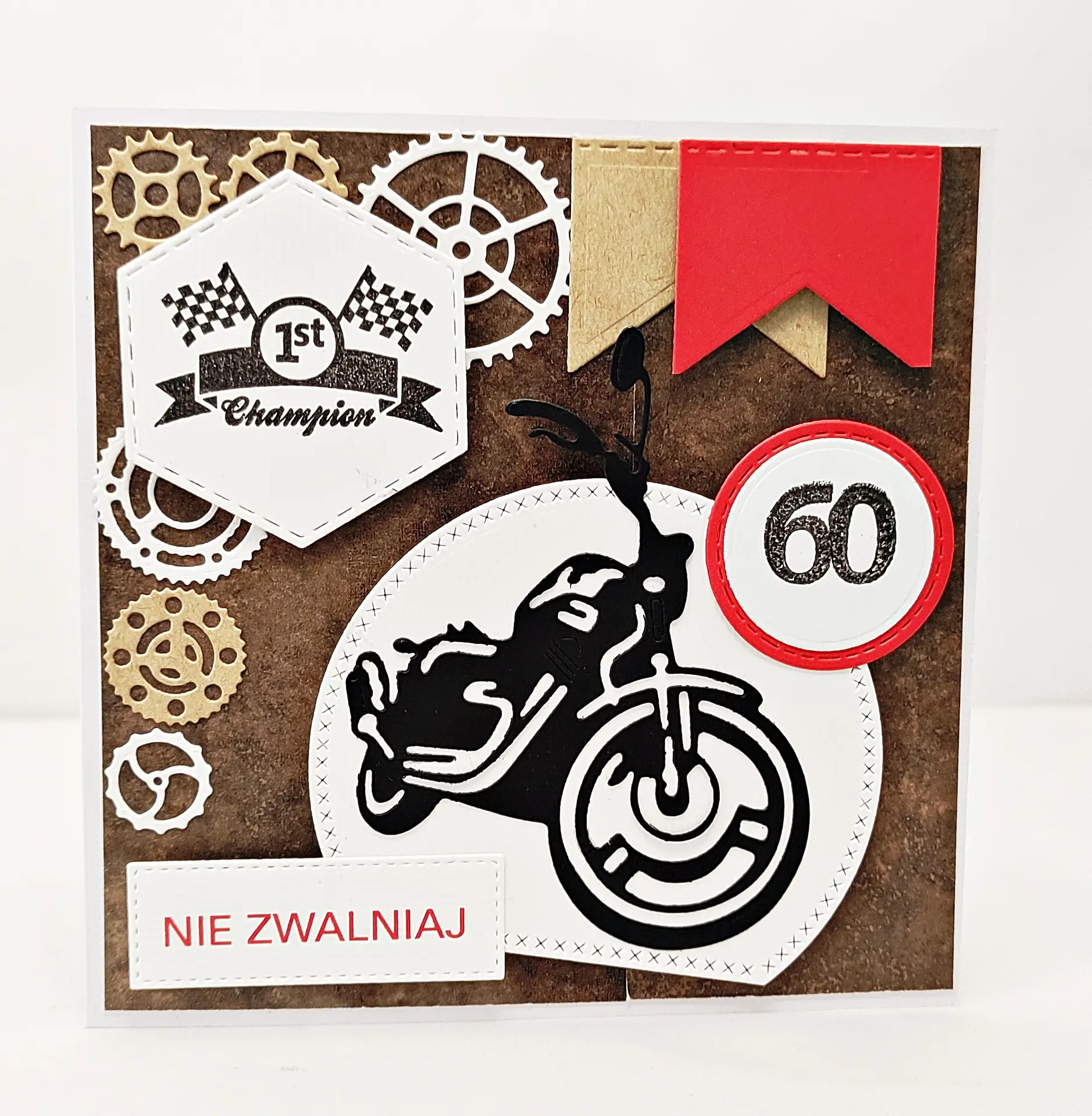ręcznie wykonana kartka na 60 urodziny z motywem motocykla i zębatek, idealna dla mężczyzny lub motocyklisty