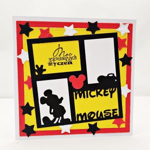 ręcznie robiona kartka urodzinowa z Myszką Miki w czerwono-żółto-czarnej kolorystyce, ozdobiona gwiazdkami i postacią Mickey Mouse