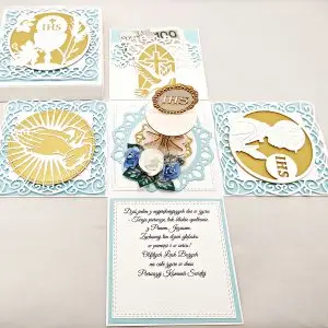 Otwarty exploding box na I Komunię Świętą dla chłopca z kielichem 3D w środku, widok z góry z komunijnym wieczkiem pudełka obok