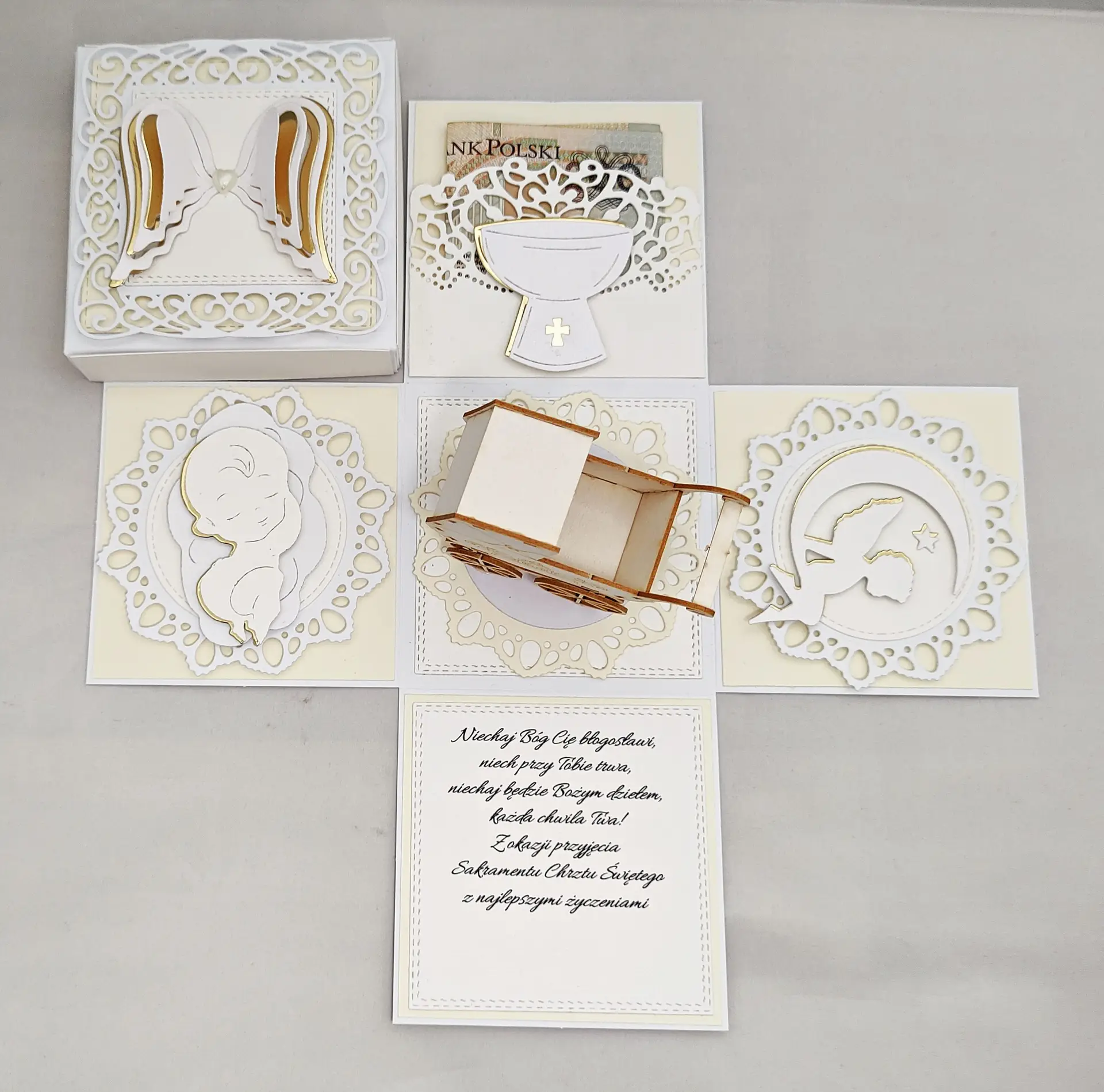 widok z góry na otwarty exploding box na chrzest święty z wózkiem 3D pośrodku i czterema dekoracyjnymi ściankami