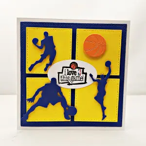 Ręcznie robiona kartka urodzinowa dla fana koszykówki, żółto-granatowe tło, sylwetki koszykarzy, pomarańczowa piłka, napis „I love this game” pośrodku