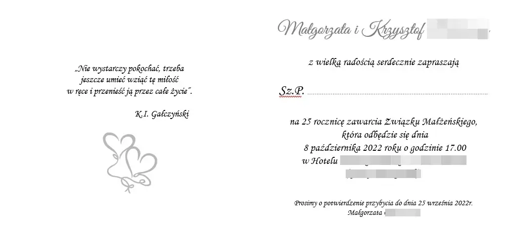 Wnętrze otwartego zaproszenia na 25 rocznicę ślubu, środek zaproszenia z nadrukowanym tekstem na białym papierze – widok środka