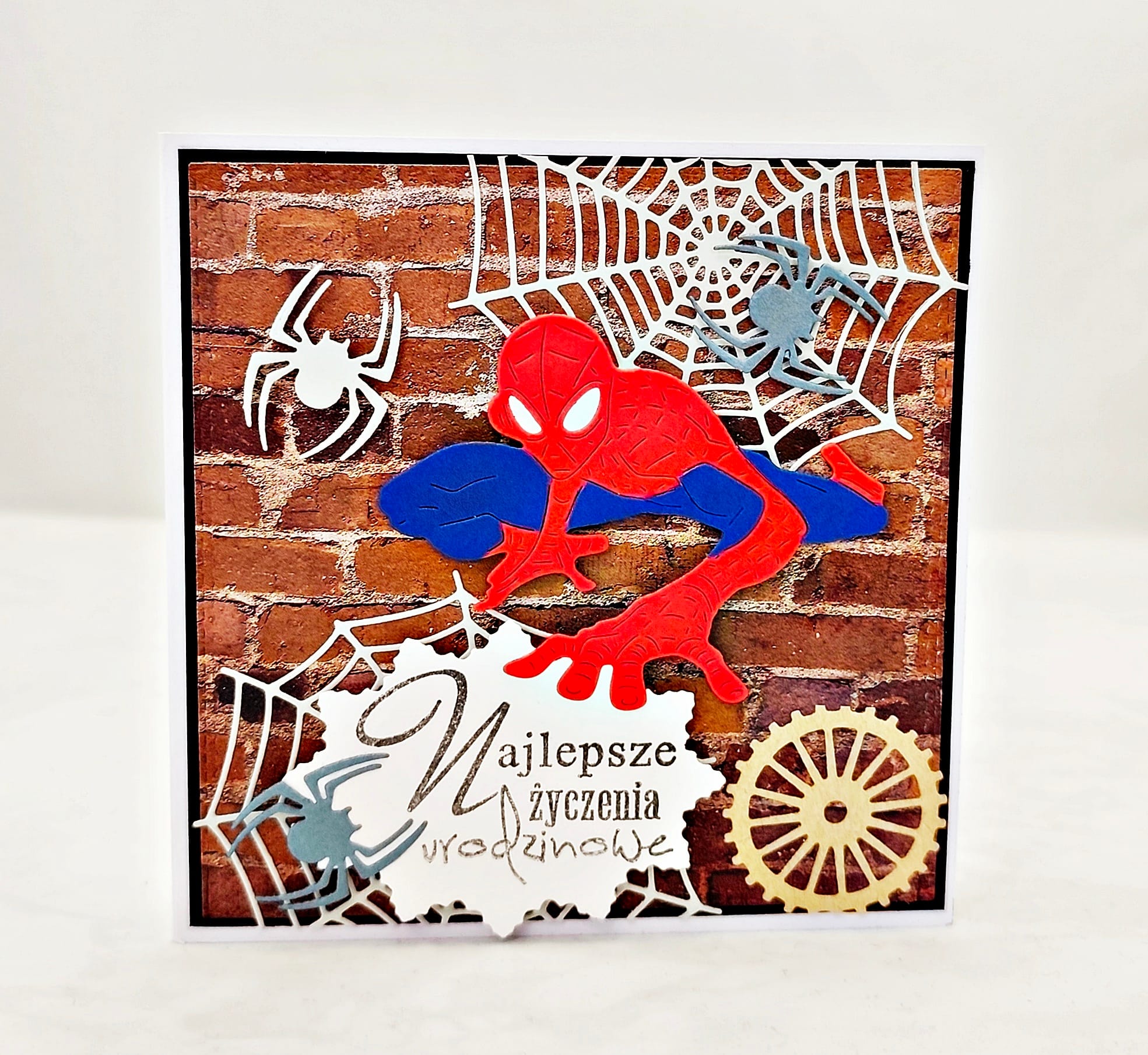 Kartka urodzinowa z motywem Spider - Mana na pajęczynie ręcznie robiona kartka dla dziecka handmade