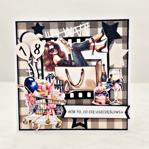 Kartka na 18 urodziny dla kobiety z motywem kobiety lampki szampana i kosza prezentów ręcznie robiona kartka z handmade