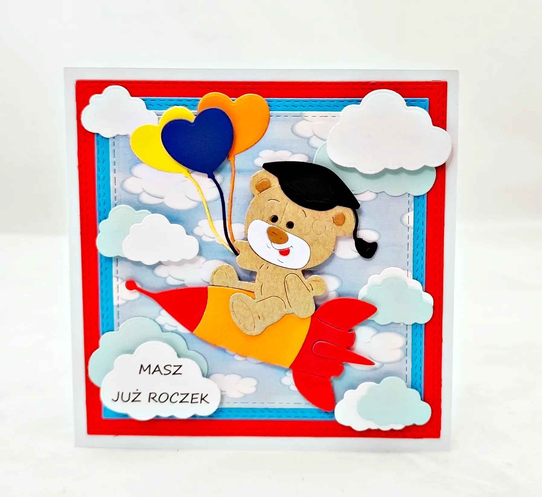 Kartka urodzinowa na roczek z misiem i balonami ręcznie robiona kartka dla dzieci handmade