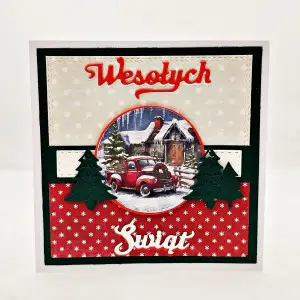 Kartka bożonarodzeniowa z choinką i autem ręcznie robiona kartka handmade na Boże Narodzenie