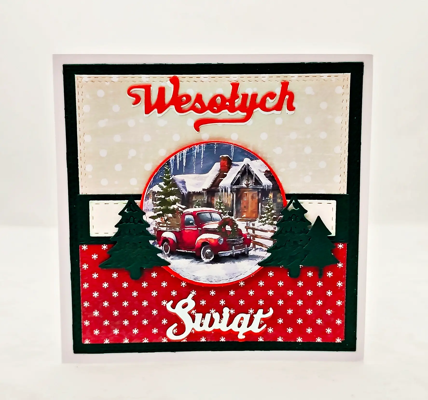Kartka bożonarodzeniowa z choinką i autem ręcznie robiona kartka handmade na Boże Narodzenie