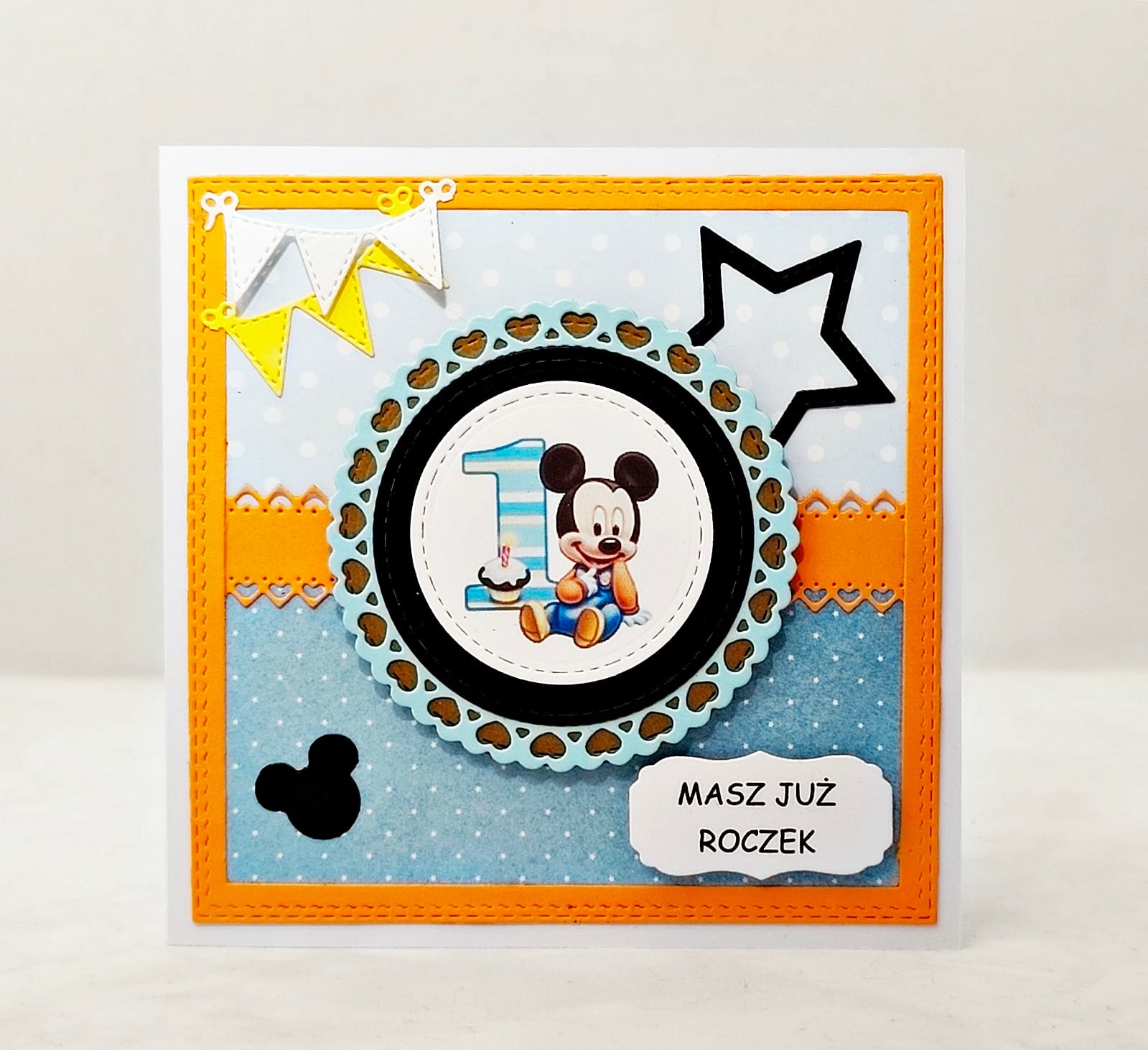 Kartka urodzinowa na roczek dla chłopca z Myszką Miki - ręcznie robiona kartka handmade