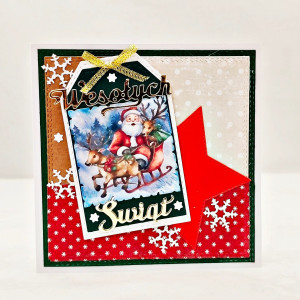 Kartka świąteczna z okazji Bożego Narodzenia ze Świętym Mikołaja w saniach z reniferem handmade