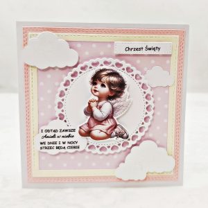 Ręcznie robiona kartka na Chrzest Święty dla dziewczynki z motywem aniołka, pastelowa pamiątka chrztu, kartka handmade z życzeniami