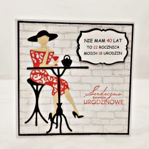 Ręcznie robiona kartka na 40 urodziny dla kobiety, elegancka kartka urodzinowa z humorem, w komplecie z kopertą
