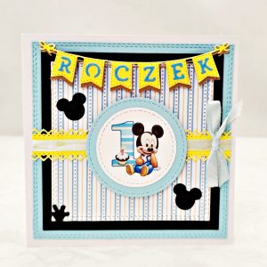 Ręcznie robiona kartka na roczek dla chłopca z motywem myszki Mickey w niebieskiej kolorystyce